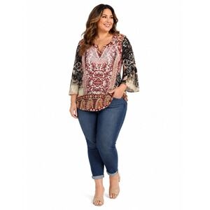 Unity World Wear Woman 3X Boho Paisley Tunic Blouse 3/4 Sleeve Multicolor Top